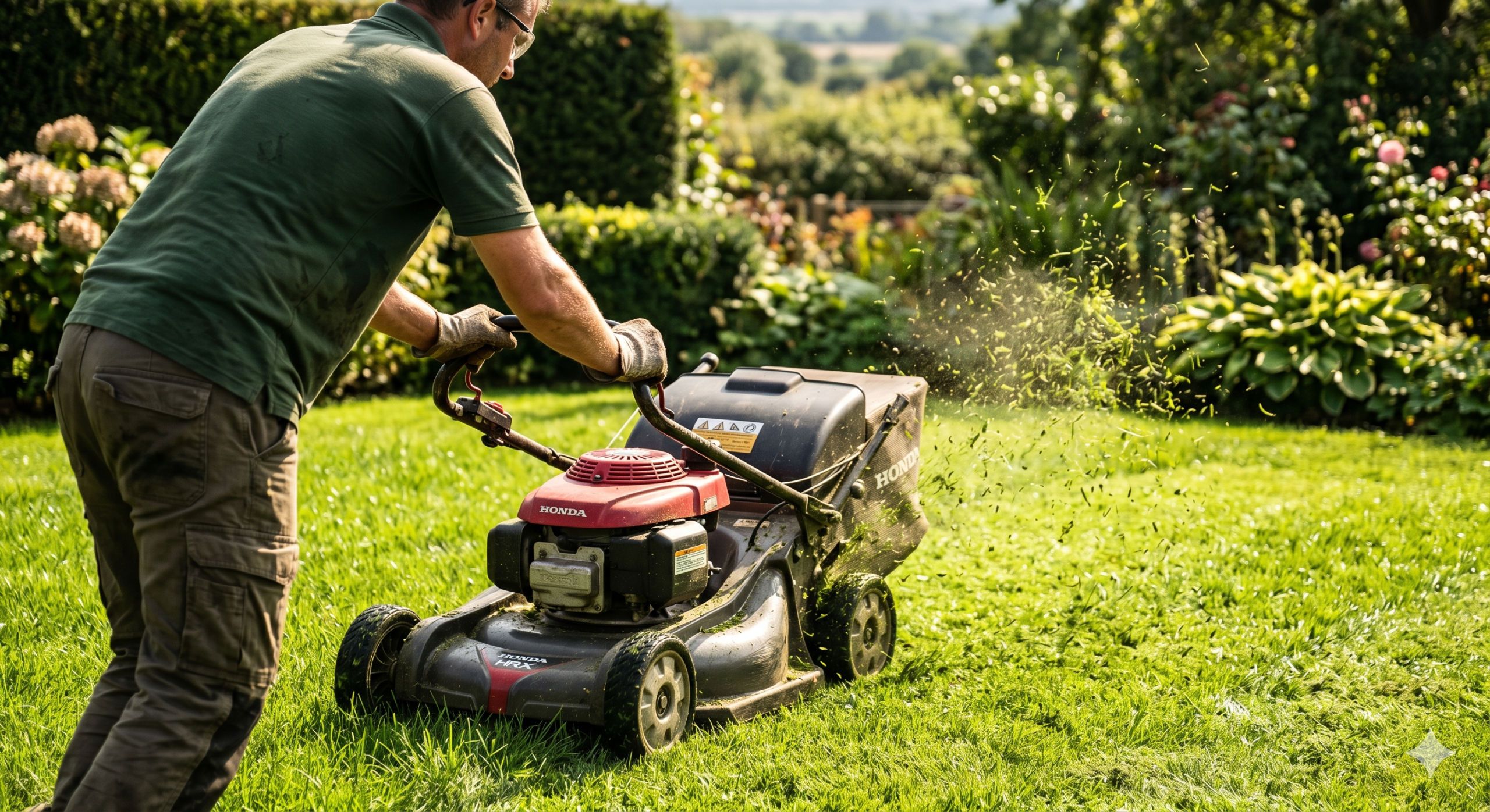 gardener pushing a lawn mower